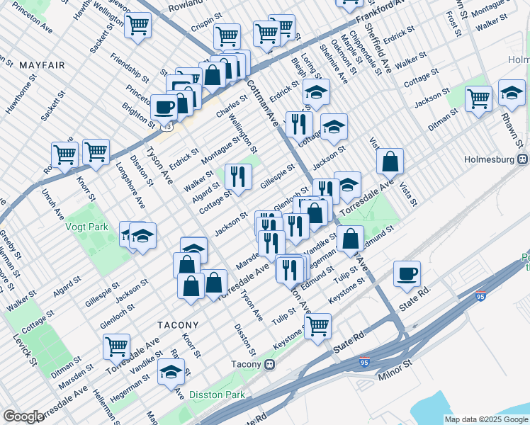 map of restaurants, bars, coffee shops, grocery stores, and more near 7124 Glenloch Street in Philadelphia