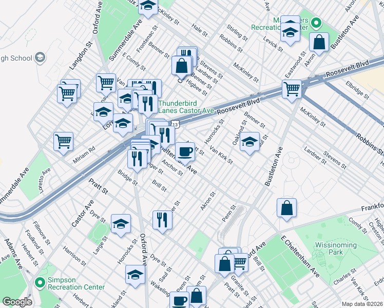 map of restaurants, bars, coffee shops, grocery stores, and more near 1439 Rosalie Street in Philadelphia