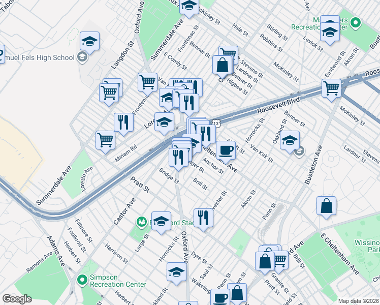 map of restaurants, bars, coffee shops, grocery stores, and more near 5424 Rutland Street in Philadelphia