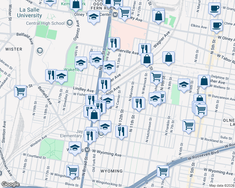 map of restaurants, bars, coffee shops, grocery stores, and more near 5107 North 13th Street in Philadelphia