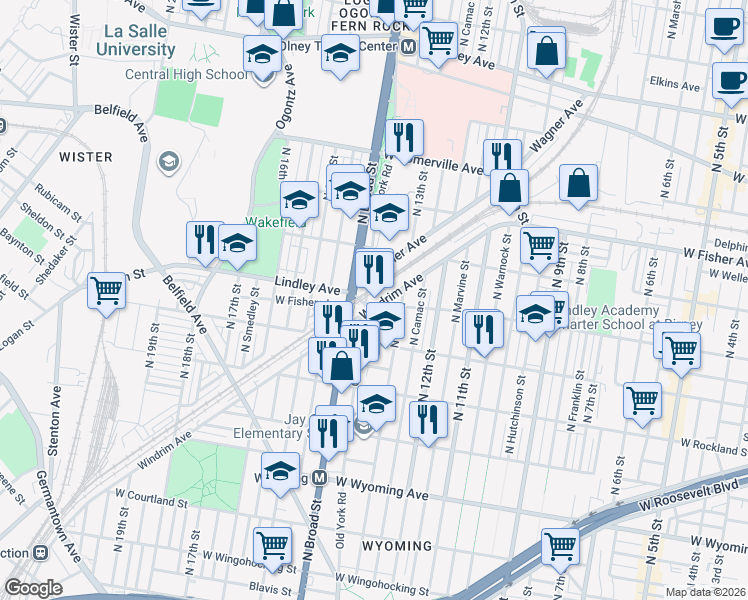 map of restaurants, bars, coffee shops, grocery stores, and more near 1319 Lindley Avenue in Philadelphia
