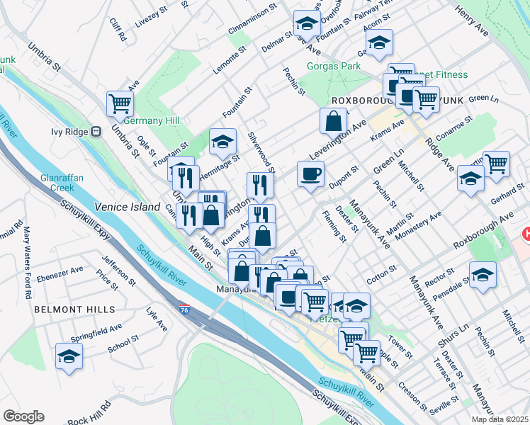 map of restaurants, bars, coffee shops, grocery stores, and more near 227 Krams Avenue in Philadelphia