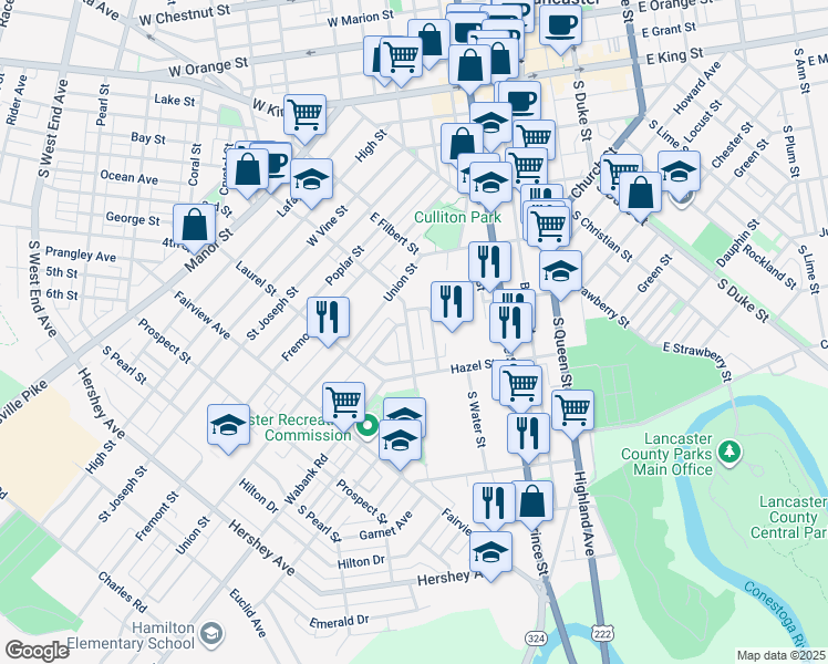 map of restaurants, bars, coffee shops, grocery stores, and more near 424 Hillside Avenue in Lancaster
