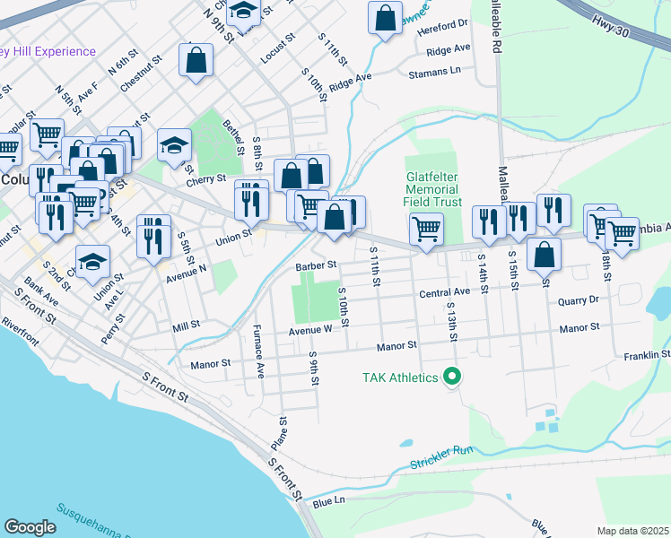 map of restaurants, bars, coffee shops, grocery stores, and more near 1001 Grinnell Avenue in Columbia