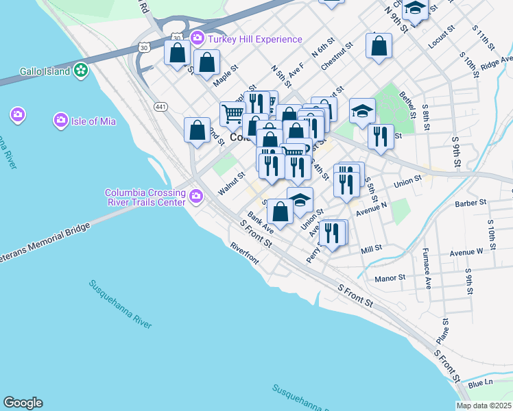 map of restaurants, bars, coffee shops, grocery stores, and more near 146 Locust Street in Columbia