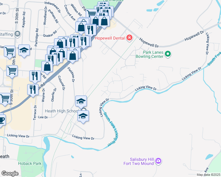 map of restaurants, bars, coffee shops, grocery stores, and more near 129 Woodsedge Circle in Heath