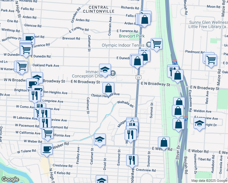 map of restaurants, bars, coffee shops, grocery stores, and more near 410 Clinton Heights Avenue in Columbus