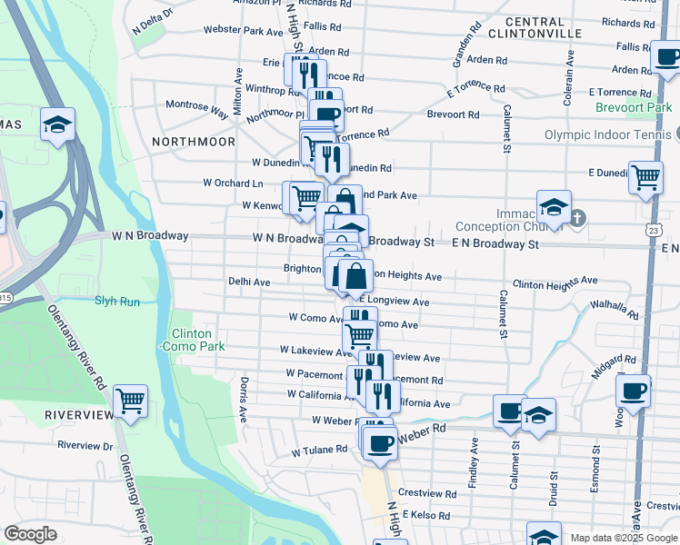 map of restaurants, bars, coffee shops, grocery stores, and more near 21 Brighton Road in Columbus
