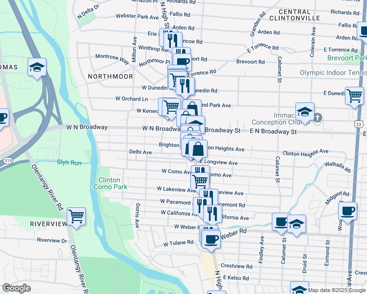 map of restaurants, bars, coffee shops, grocery stores, and more near 21 Brighton Road in Columbus