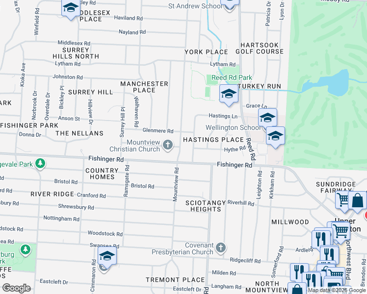map of restaurants, bars, coffee shops, grocery stores, and more near 3664 Mountview Road in Upper Arlington