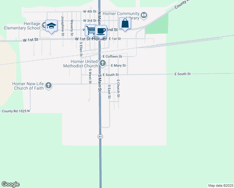 map of restaurants, bars, coffee shops, grocery stores, and more near 600 South Church Street in Homer