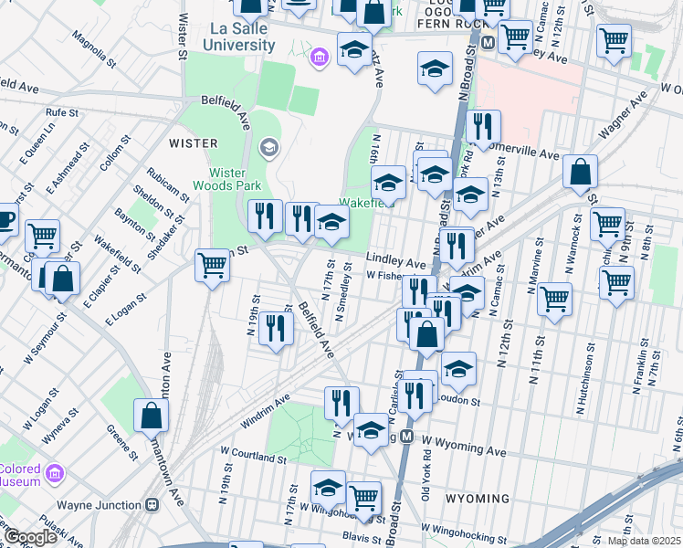 map of restaurants, bars, coffee shops, grocery stores, and more near 5026 North Smedley Street in Philadelphia