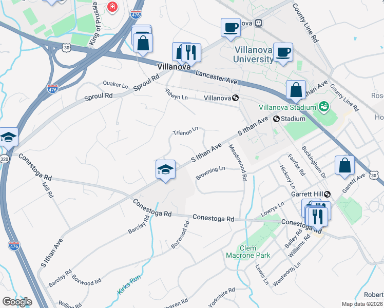 map of restaurants, bars, coffee shops, grocery stores, and more near 200 South Ithan Avenue in Villanova