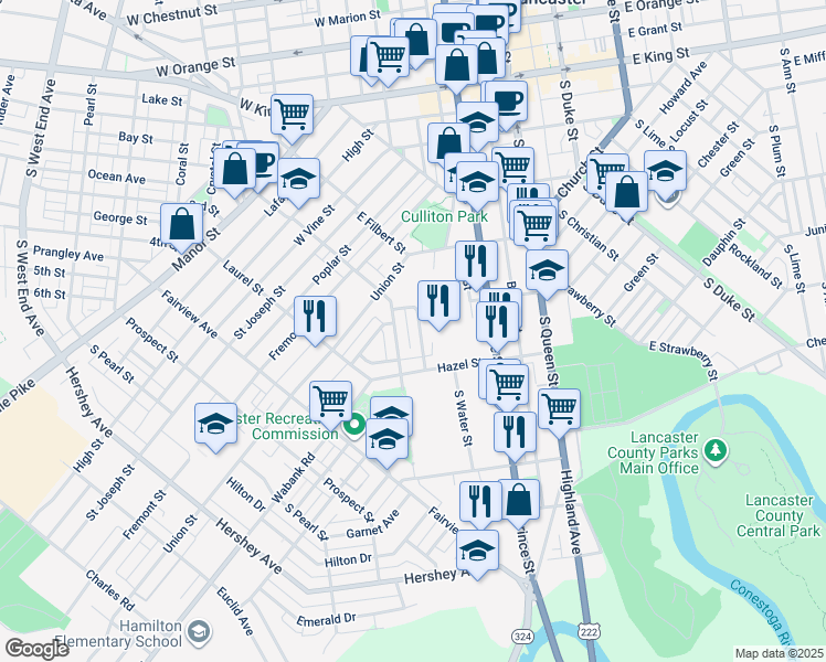 map of restaurants, bars, coffee shops, grocery stores, and more near 424 Hillside Avenue in Lancaster