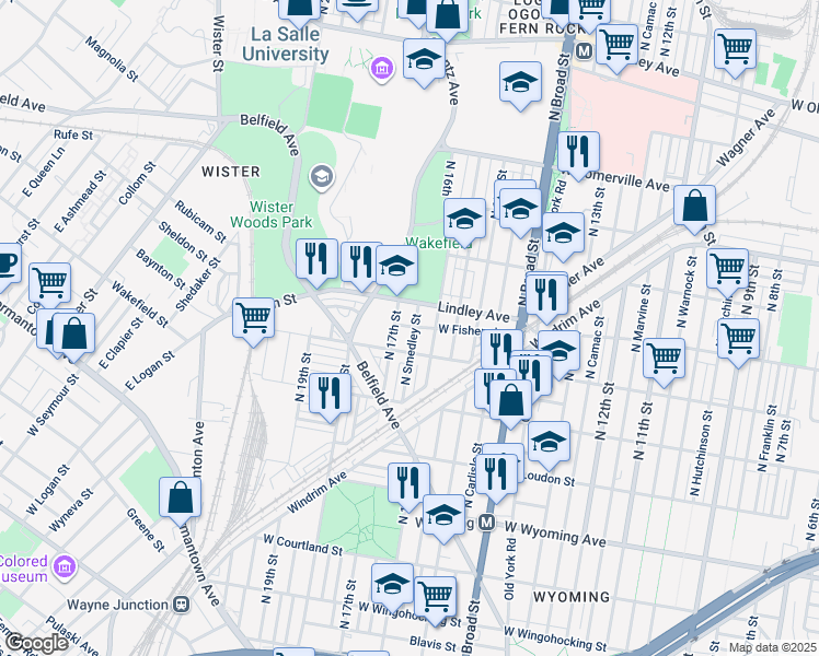 map of restaurants, bars, coffee shops, grocery stores, and more near 5026 North Smedley Street in Philadelphia