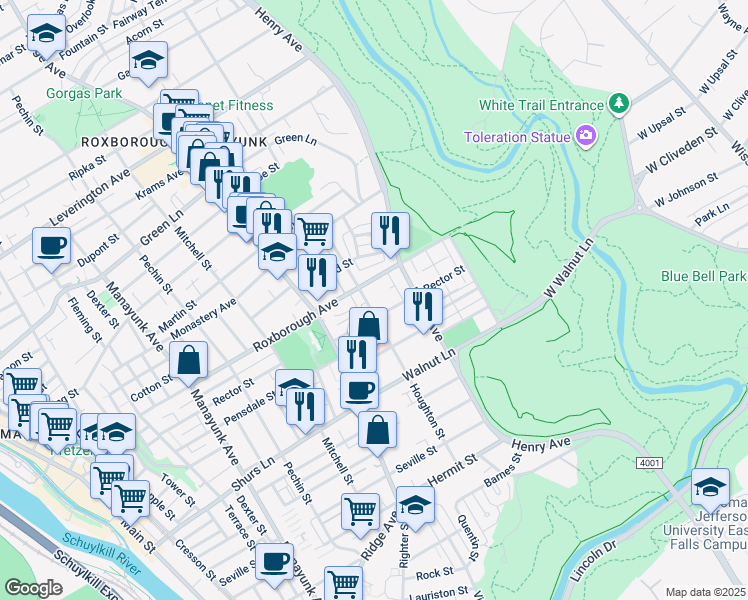 map of restaurants, bars, coffee shops, grocery stores, and more near 4246 Houghton Street in Philadelphia