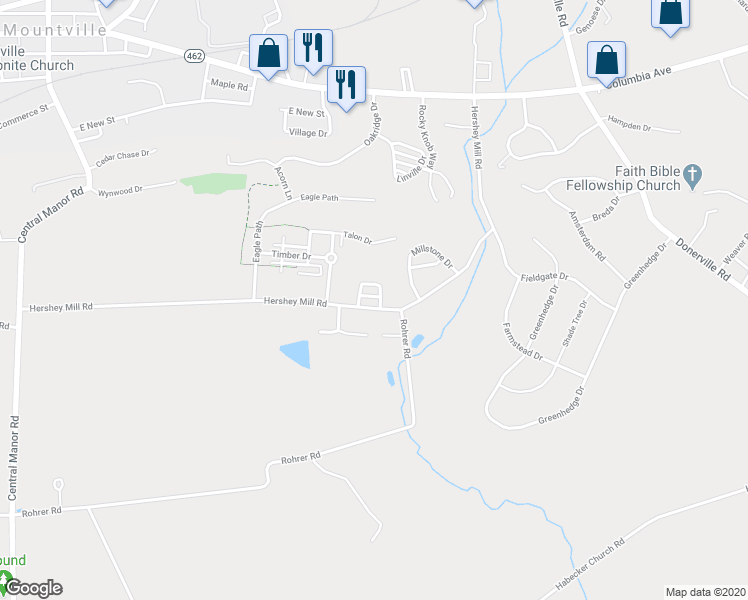 map of restaurants, bars, coffee shops, grocery stores, and more near 102 Farmhouse Lane in Mountville