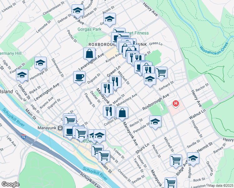 map of restaurants, bars, coffee shops, grocery stores, and more near 4362B Pechin Street in Philadelphia