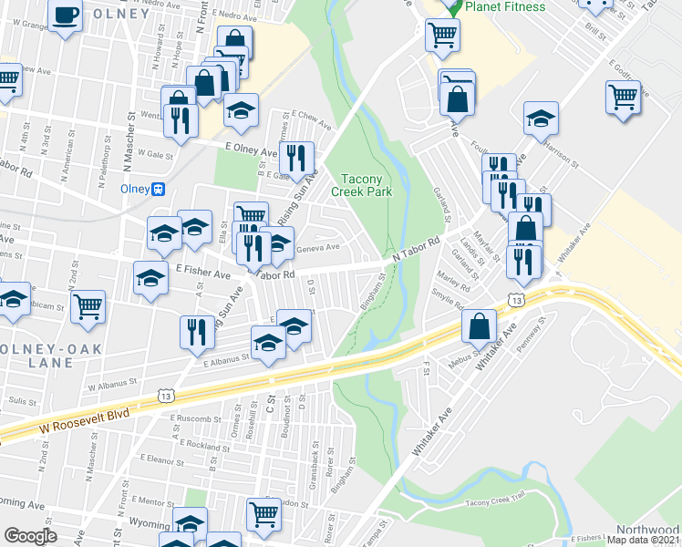 map of restaurants, bars, coffee shops, grocery stores, and more near 5252 Marwood Road in Philadelphia