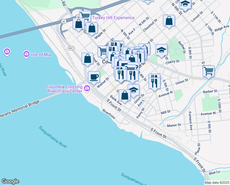 map of restaurants, bars, coffee shops, grocery stores, and more near 160 Locust Street in Columbia