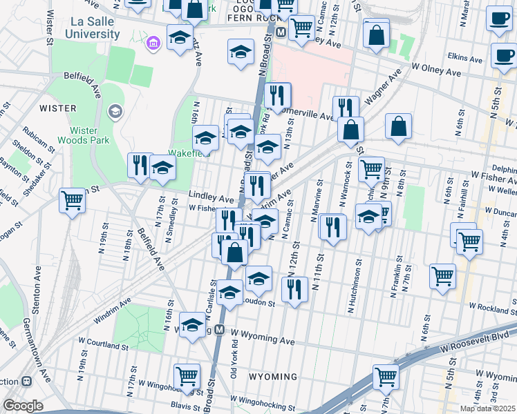 map of restaurants, bars, coffee shops, grocery stores, and more near 1319 Lindley Avenue in Philadelphia