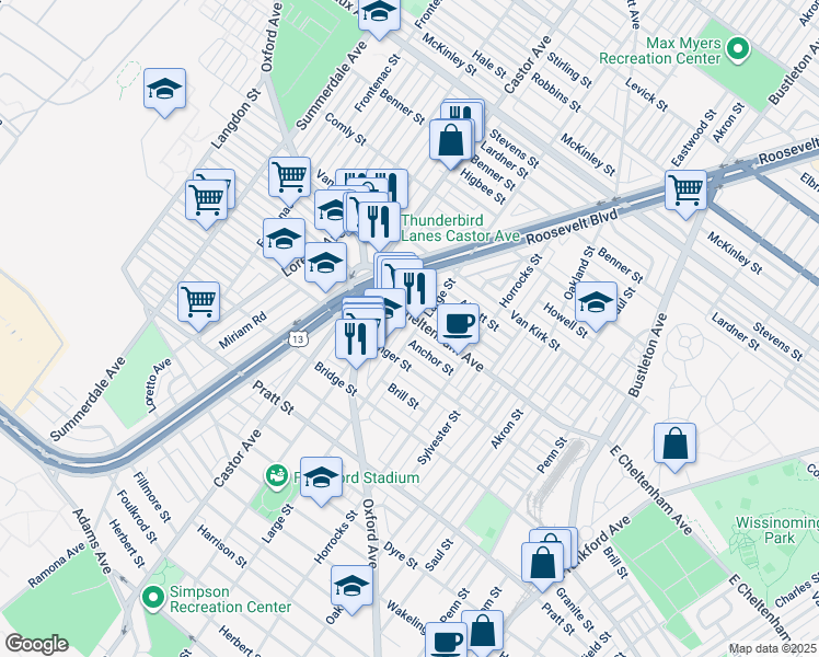 map of restaurants, bars, coffee shops, grocery stores, and more near 5440 Large Street in Philadelphia