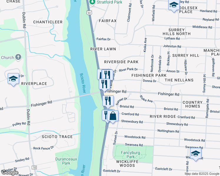 map of restaurants, bars, coffee shops, grocery stores, and more near 3797 Fairlington Drive in Columbus