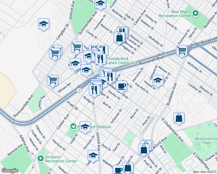 map of restaurants, bars, coffee shops, grocery stores, and more near 5440 Large Street in Philadelphia