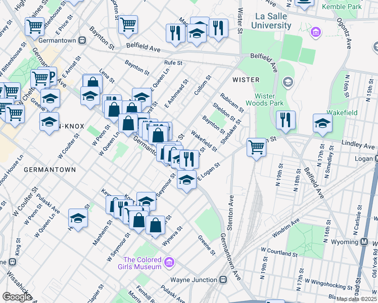 map of restaurants, bars, coffee shops, grocery stores, and more near 57 East Seymour Street in Philadelphia