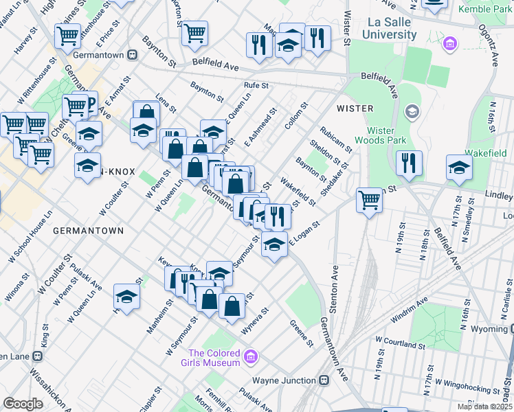 map of restaurants, bars, coffee shops, grocery stores, and more near 30 East Wister Street in Philadelphia