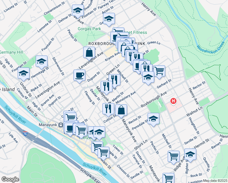 map of restaurants, bars, coffee shops, grocery stores, and more near 385 Lyceum Ave in Philadelphia