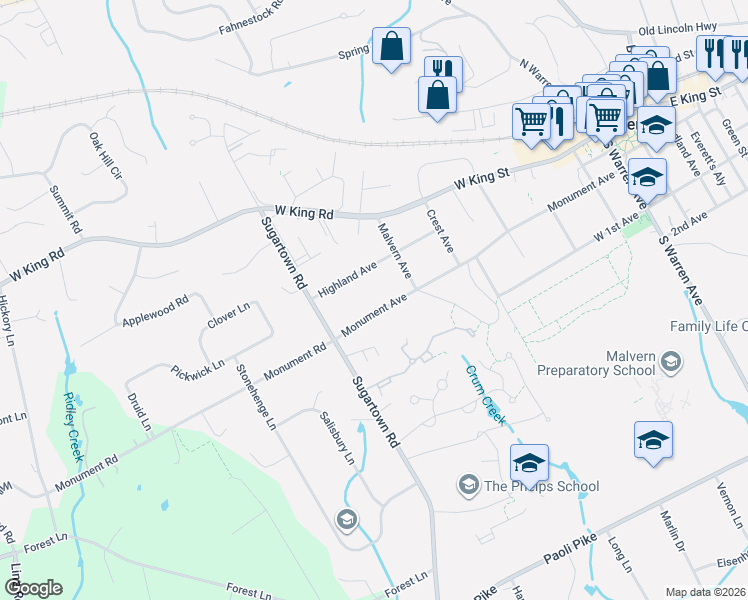 map of restaurants, bars, coffee shops, grocery stores, and more near 601 Monument Avenue in Malvern