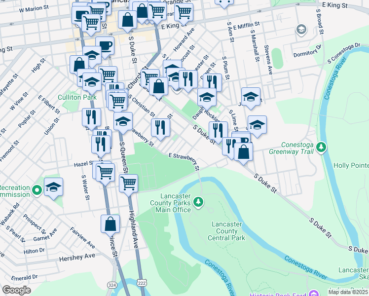 map of restaurants, bars, coffee shops, grocery stores, and more near 513 Terrace Rd in Lancaster