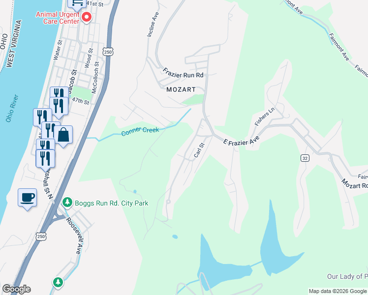 map of restaurants, bars, coffee shops, grocery stores, and more near 7 North Kettler Avenue in Wheeling