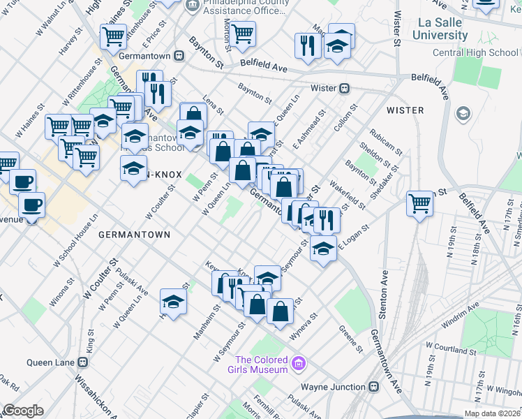 map of restaurants, bars, coffee shops, grocery stores, and more near 5124 Germantown Avenue in Philadelphia