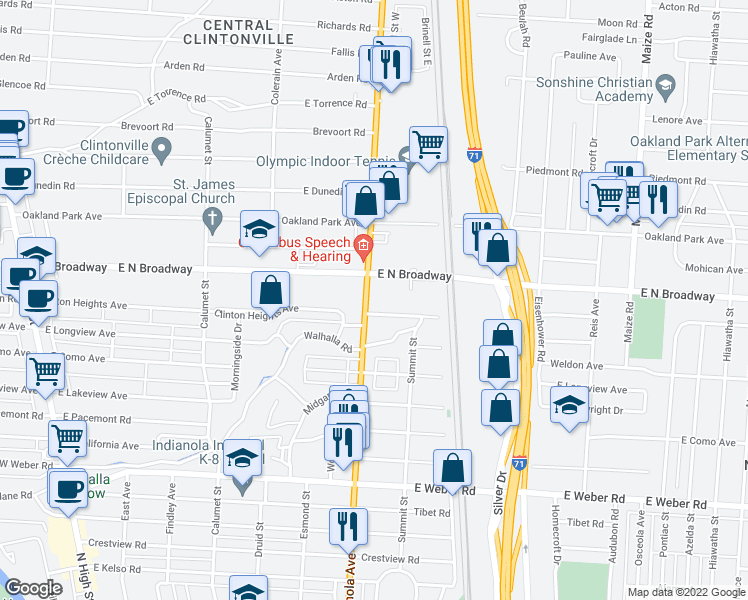 map of restaurants, bars, coffee shops, grocery stores, and more near 3262 Indianola Avenue in Columbus