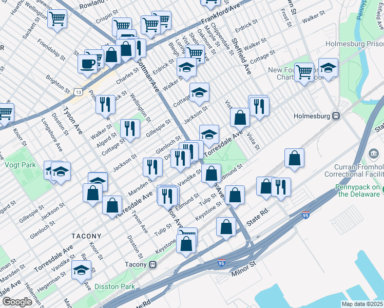 map of restaurants, bars, coffee shops, grocery stores, and more near 7251 Marsden Street in Philadelphia