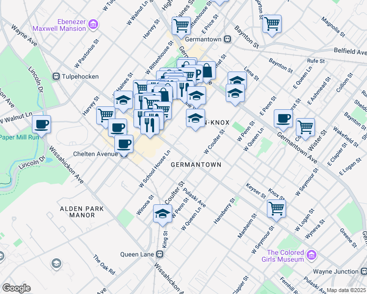 map of restaurants, bars, coffee shops, grocery stores, and more near 5457 Wayne Avenue in Philadelphia