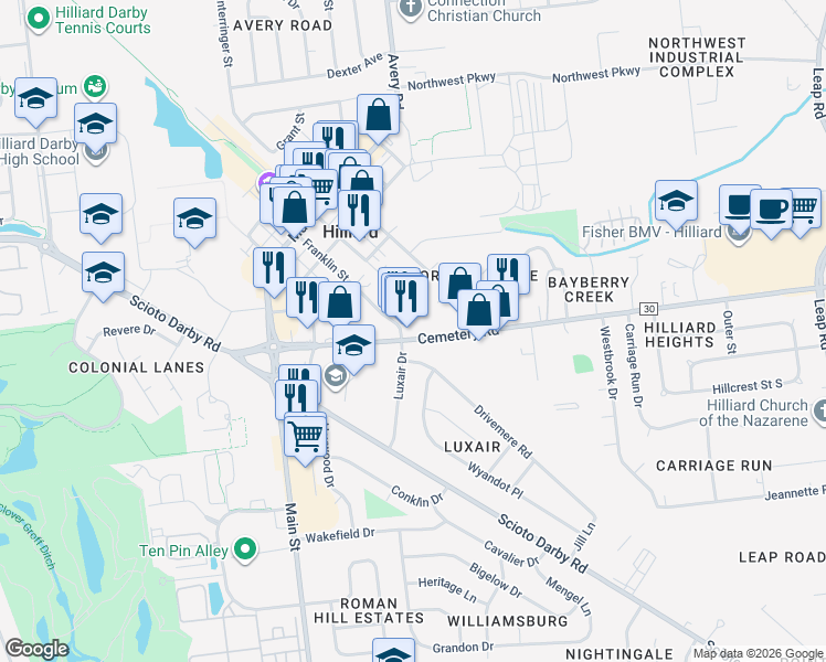 map of restaurants, bars, coffee shops, grocery stores, and more near 5224 Cemetery Road in Hilliard