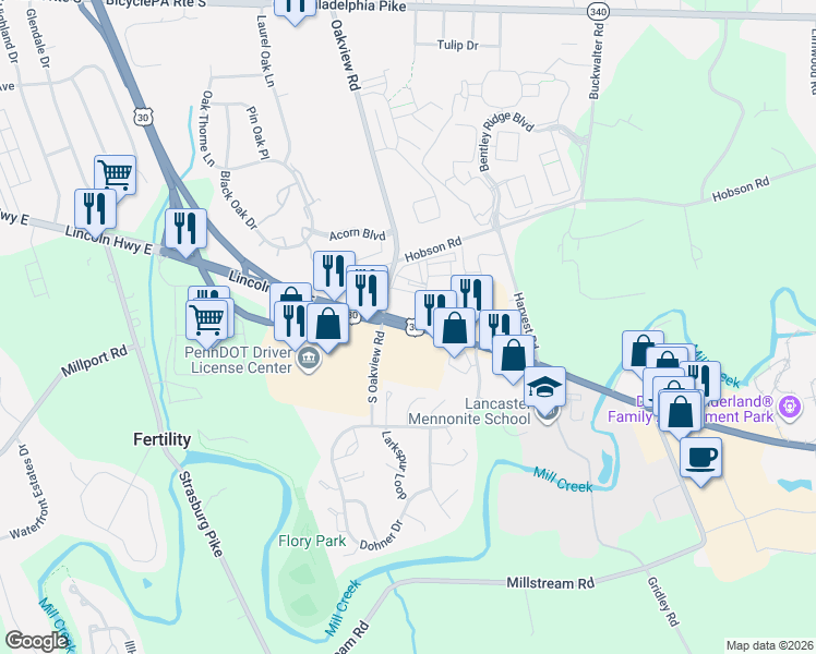 map of restaurants, bars, coffee shops, grocery stores, and more near 2102 Lincoln Highway East in Lancaster