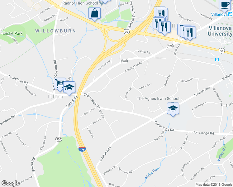 map of restaurants, bars, coffee shops, grocery stores, and more near 206 Hardwicke Lane in Villanova