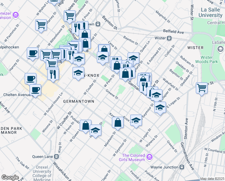 map of restaurants, bars, coffee shops, grocery stores, and more near 62 West Queen Lane in Philadelphia