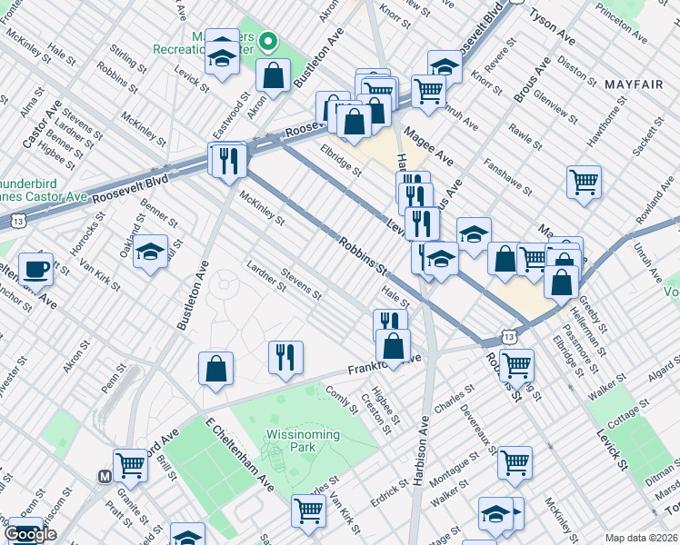 map of restaurants, bars, coffee shops, grocery stores, and more near 6206 Revere Street in Philadelphia