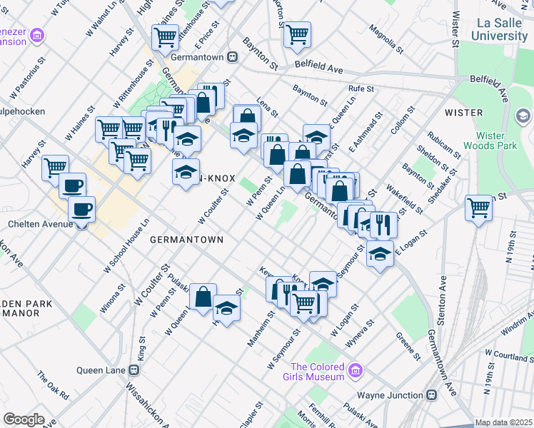 map of restaurants, bars, coffee shops, grocery stores, and more near 62 West Queen Lane in Philadelphia