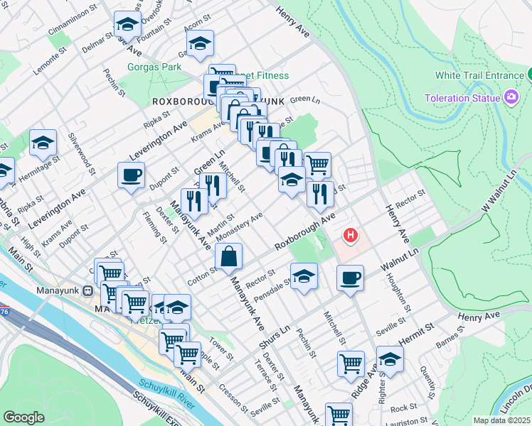 map of restaurants, bars, coffee shops, grocery stores, and more near 4359 Mitchell Street in Philadelphia