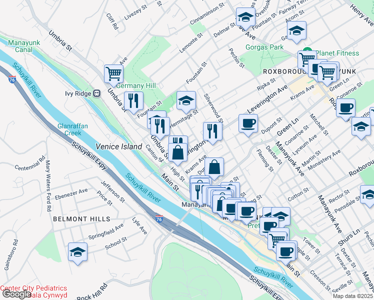 map of restaurants, bars, coffee shops, grocery stores, and more near 150 Leverington Avenue in Philadelphia