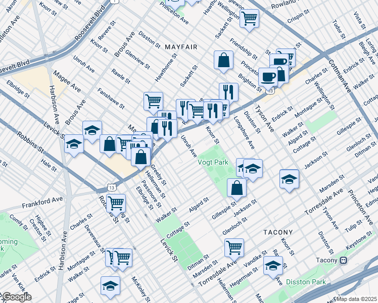map of restaurants, bars, coffee shops, grocery stores, and more near 4100 Unruh Avenue in Philadelphia