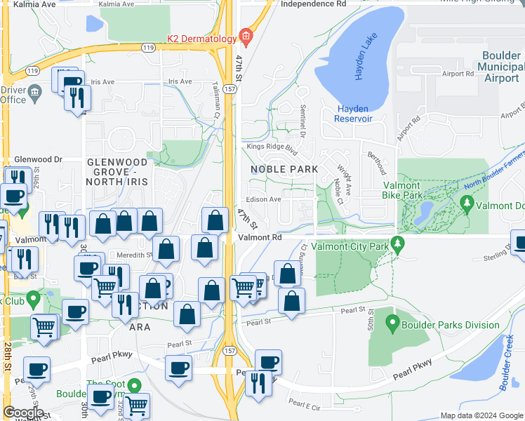 map of restaurants, bars, coffee shops, grocery stores, and more near 3073 Edison Court in Boulder