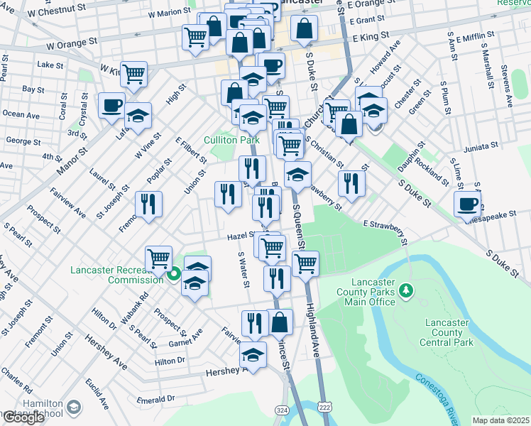 map of restaurants, bars, coffee shops, grocery stores, and more near 437 South Prince Street in Lancaster