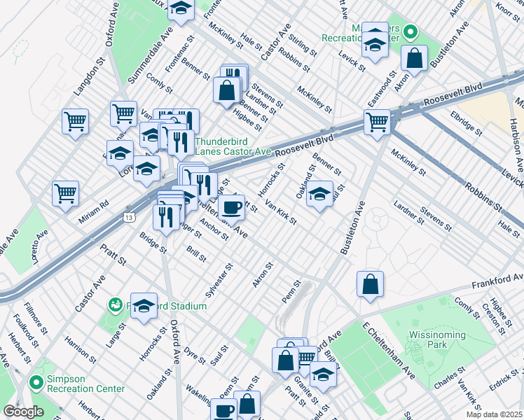 map of restaurants, bars, coffee shops, grocery stores, and more near 1513 Alcott Street in Philadelphia